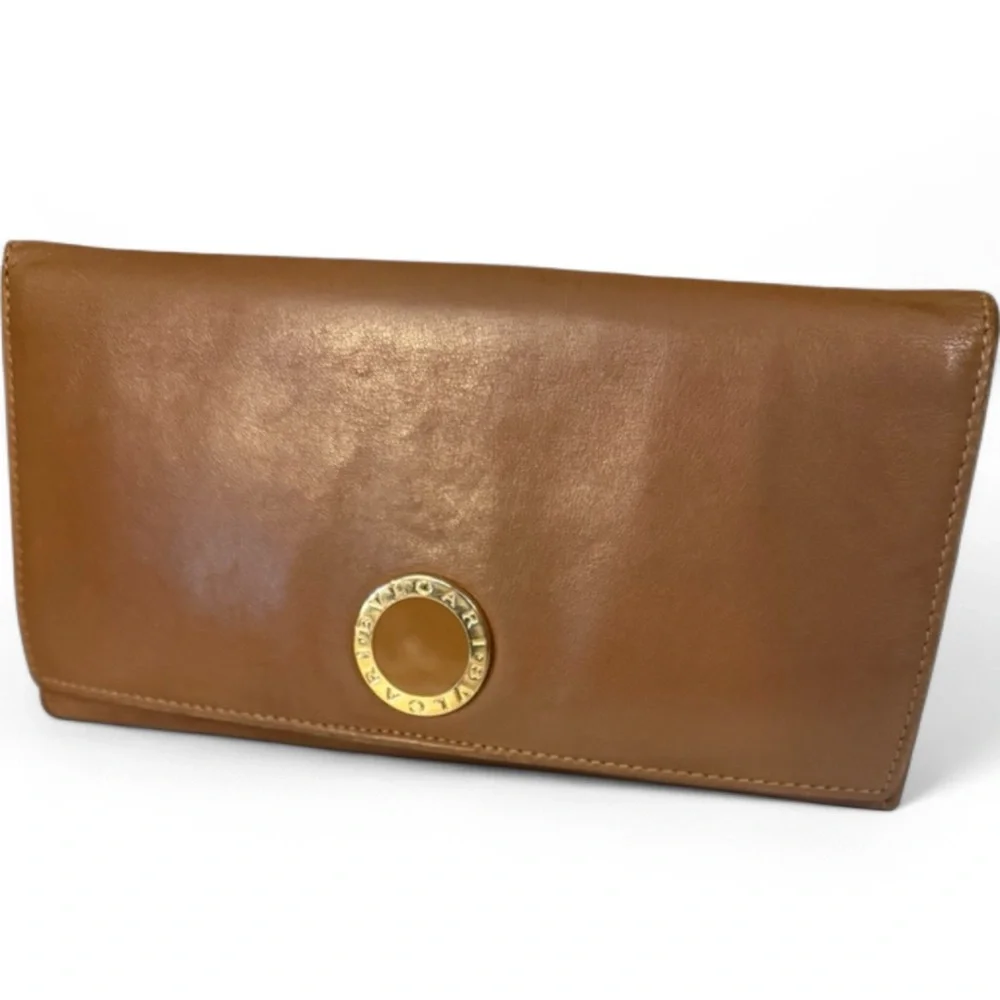 Bvlgari Brown Leather Continental Wallet with Gold Logo – Vintage Condition